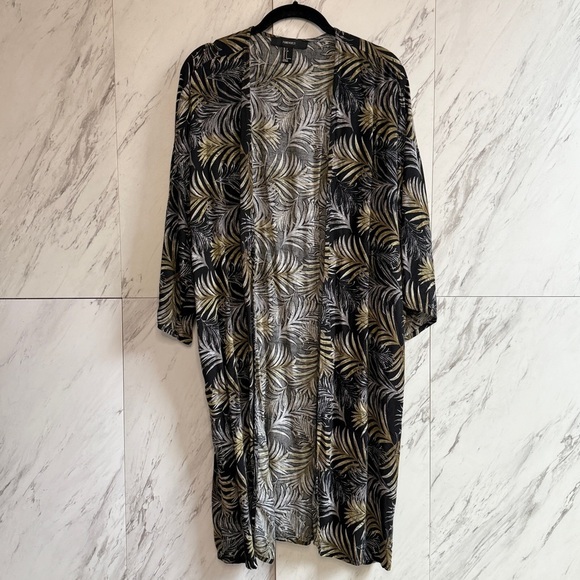 Forever 21 Leaf Jungle Tropic Open Front Lace Back Longline Duster Kimono SZ S - Picture 2 of 6